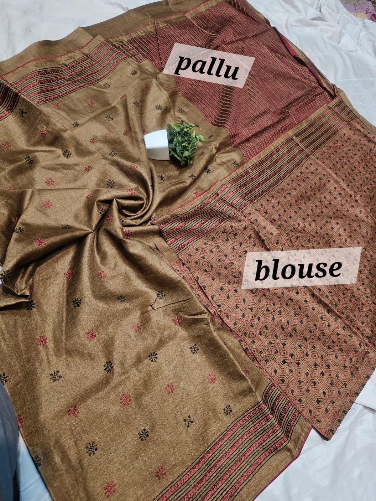 Semi Tussar Silk Sarees with Allover Kantha Work and Heavy Pallu Design